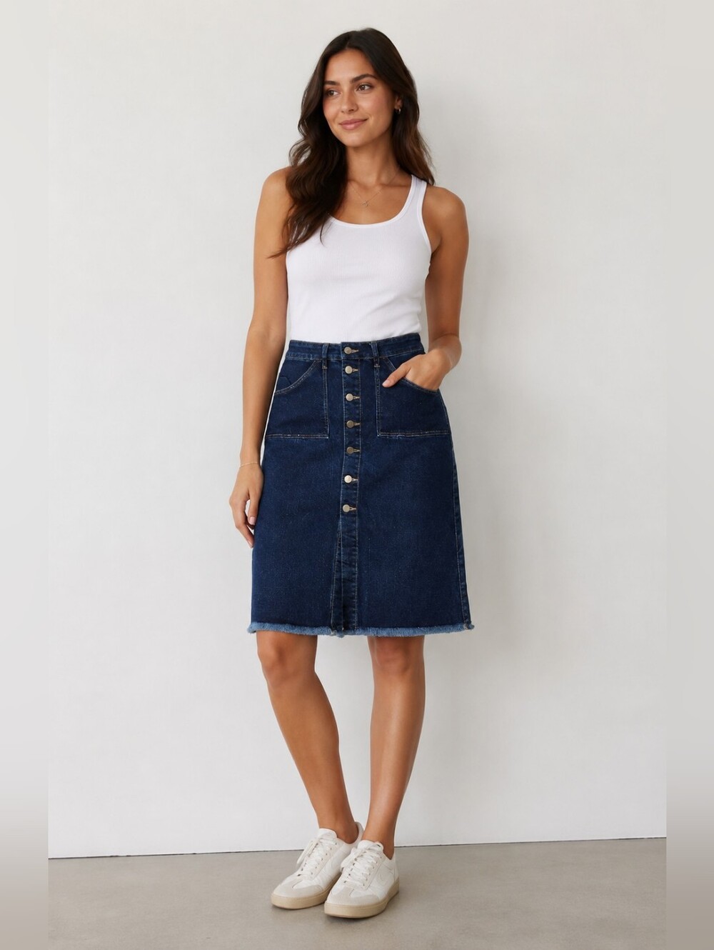 KanCan Womens Raw Hem Midi Denim Button Front Skirt Medium Front Pockets EUC